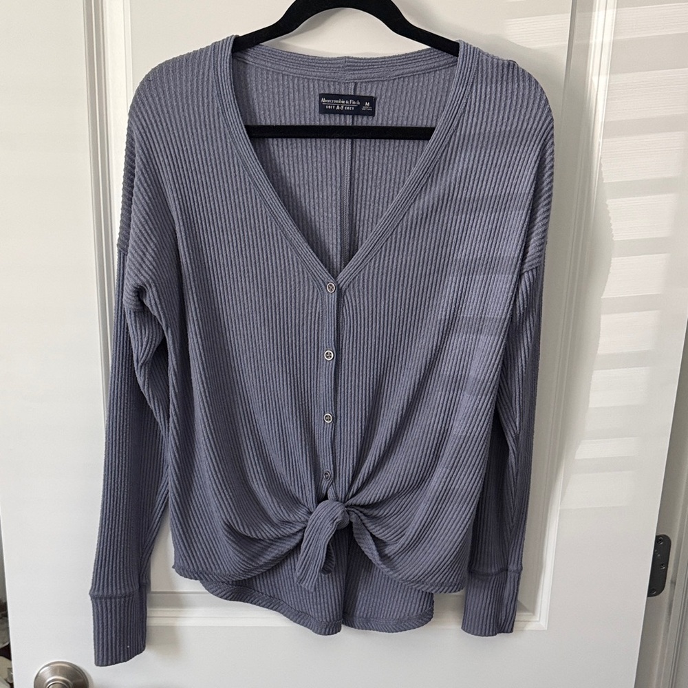 Abercrombie & Fitch Button-Front Ribbed Long Sleeve Tie Top